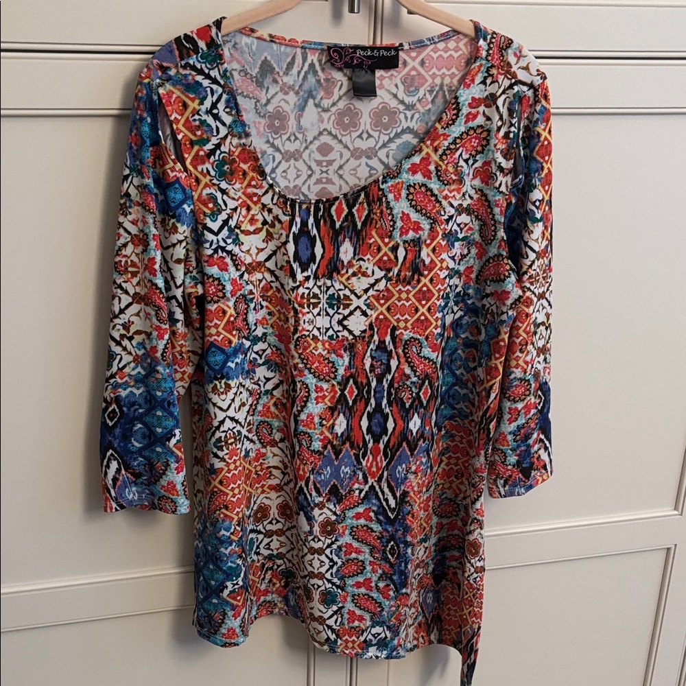 Peck & Peck Multicolor Scoop Neck Long Sleeve Top - Blue, Red, Orange, Cream